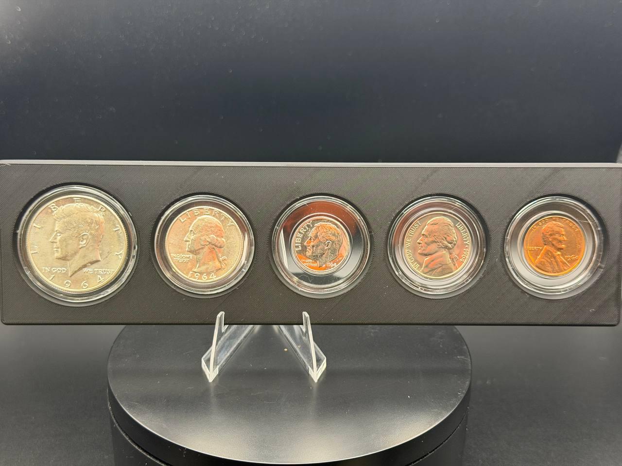 Complete U.S. Coin Year Set Display –1964– 5-Coin Denomination Holder with Coins Included