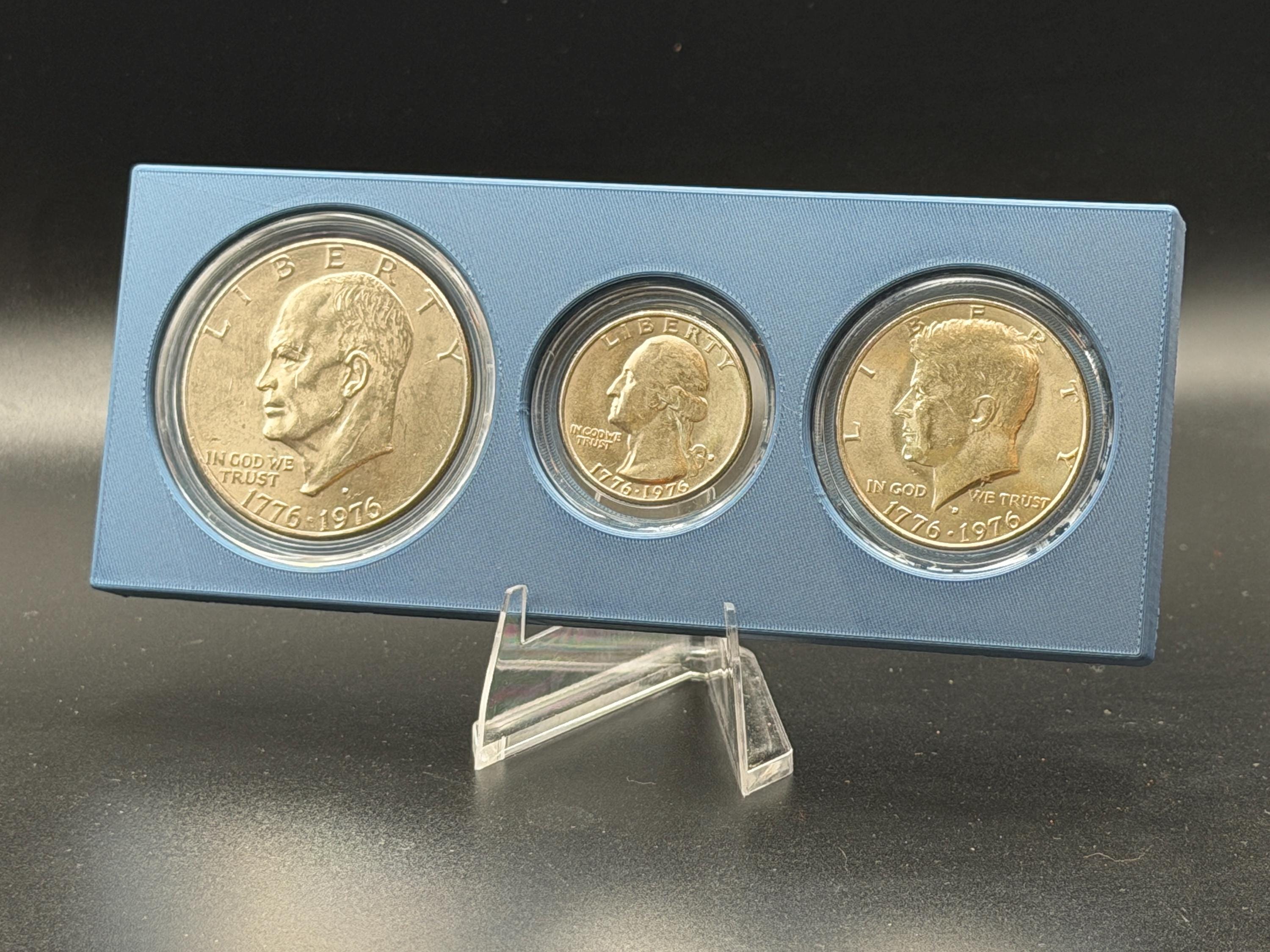 Bicentennial 1776–1976 Coin Display Set – Eisenhower Dollar, Kennedy Half Dollar & Washington Quarter with Holder