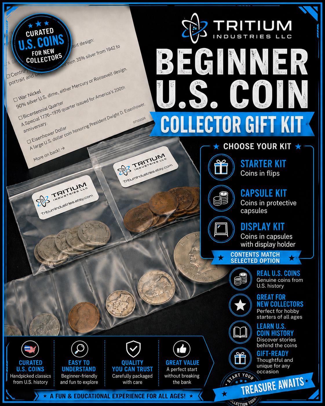 Beginner U.S. Coin Collector Gift Kit – Wheat Cent, Buffalo Nickel, Silver Dime, War Nickel and Ike Dollar Set